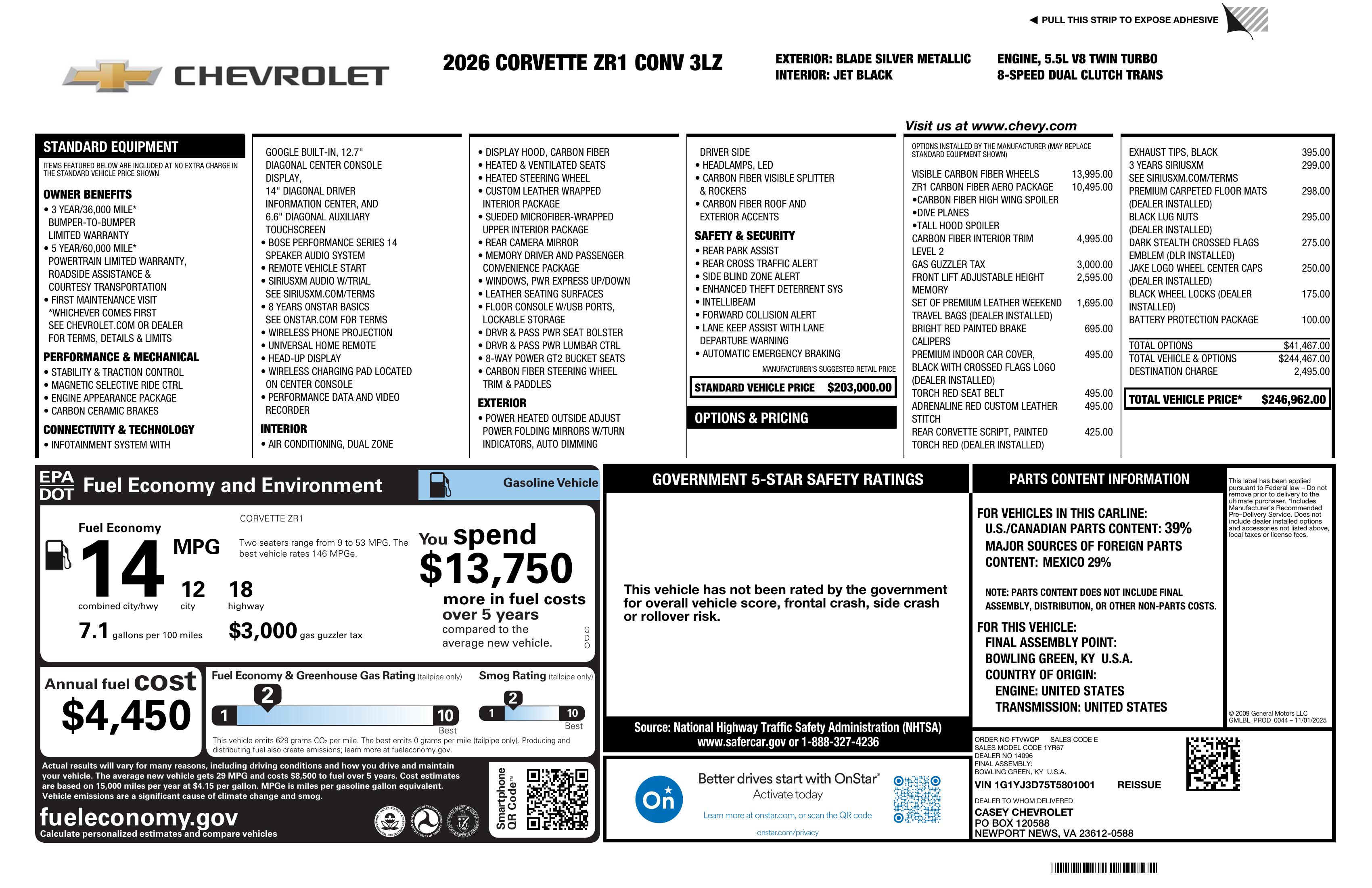 2026 Corvette ZR1 Window Sticker